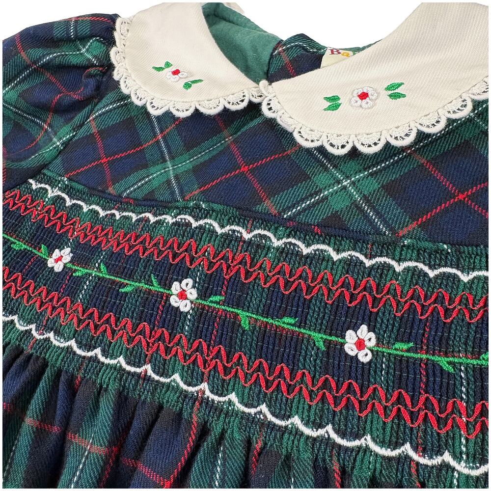 VTG Baby Togs Smocked Plaid Dress Toddler Girls 24M Green Navy Holiday Photos - Picture 2 of 11